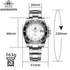 Addiesdive H3D-QZ dimension graphic (41mm, 48mm lug-to-lug, 20mm lugs, 220mm length, 163g)