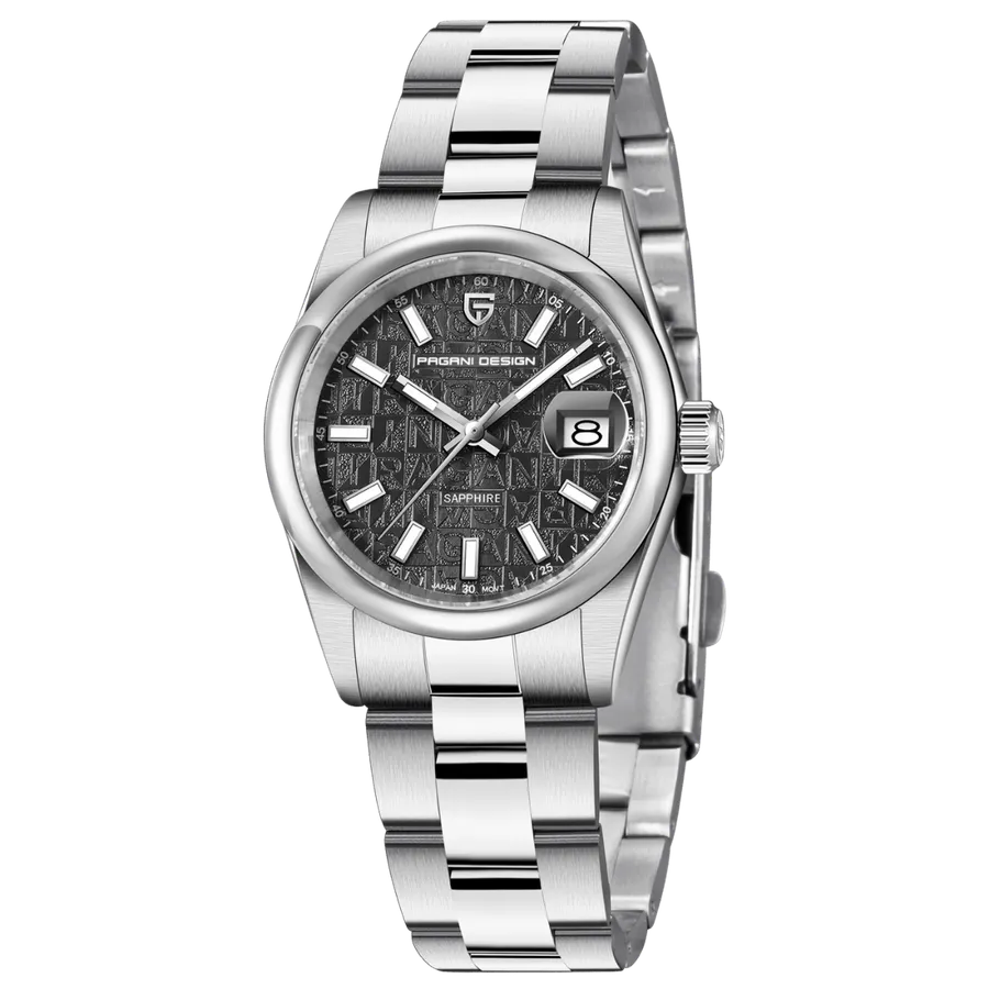 Pagani Design PD-1794L with black monogram-textured dial, polished bezel and date with cyclops, on steel Oyster-style bracelet