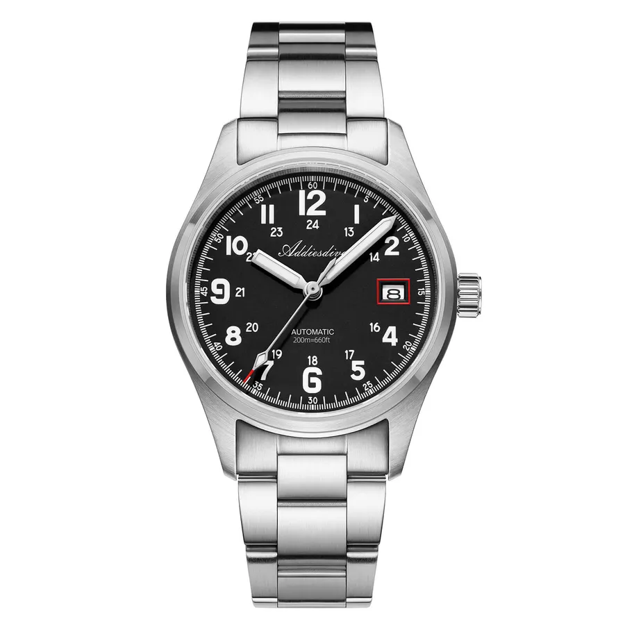 Addiesdive AD2070 field watch with black dial on a three-link steel bracelet