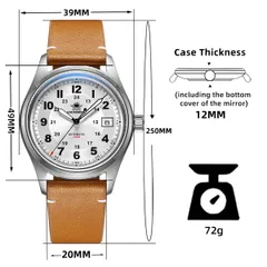 Addiesdive AD2048/AD2525 dimension graphic on the leather strap (39mm, 49mm lug-to-lug, 12mm, 20mm, 250mm, 72g)