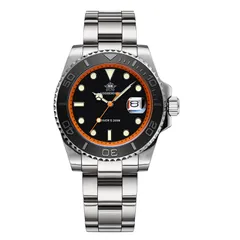 Addiesdive AD2040 orange with black bezel on the three-link steel bracelet