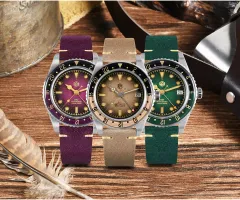 San Martin SN0134-G1 GMT watches with gradient purple, brown and green dials on matching suede straps