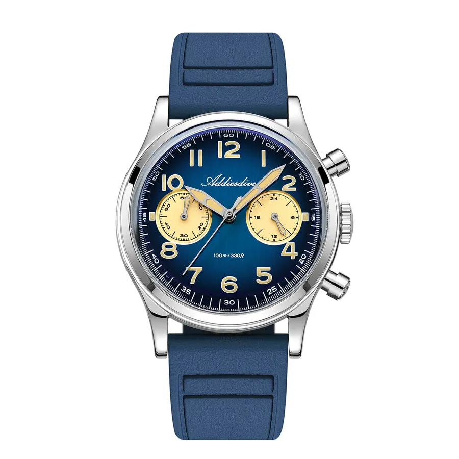 Addiesdive AD2516 two-register chronograph with blue gradient dial and cream sub-dials on a blue FKM strap