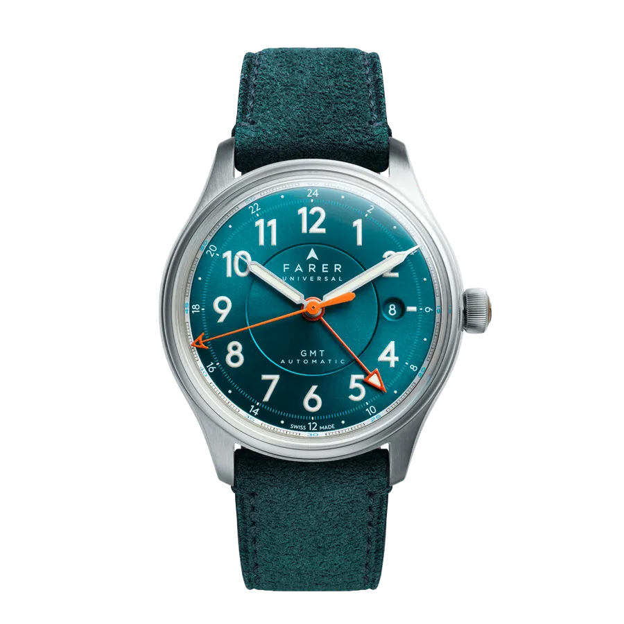 Farer Lander IV GMT 39.5mm, sea green triple-step sunray dial, on sea green suede leather strap