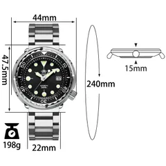 Addiesdive H5 dimension graphic on the bracelet (44mm wide, 47.5mm tall, 15mm, 22mm, 240mm, 198g)