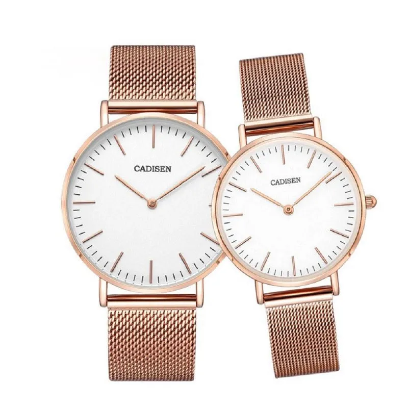 Cadisen C2025ML couple's set, men's and ladies' watches with white dials in rose gold-tone cases on mesh bracelets