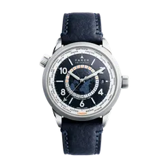 Farer World Timer Roché II, gloss midnight blue dial, on navy St. Venere leather strap