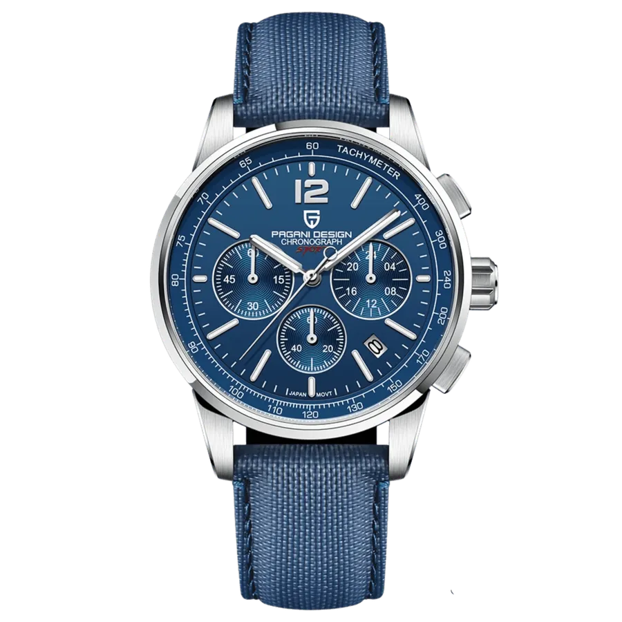 Pagani Design PD-YS008 chronograph with steel case, blue dial, subdials at 3, 6 and 9, date at 4:30 and tachymeter flange, on blue textile strap