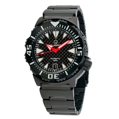 Islander ISL-144 dive watch with carbon fiber dial, red hands and black DLC-coated case, bezel and bracelet