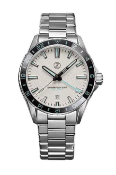 Zelos Spearfish GMT Frost, textured white dial with light blue GMT hand and black 24-hour bezel, on steel bracelet