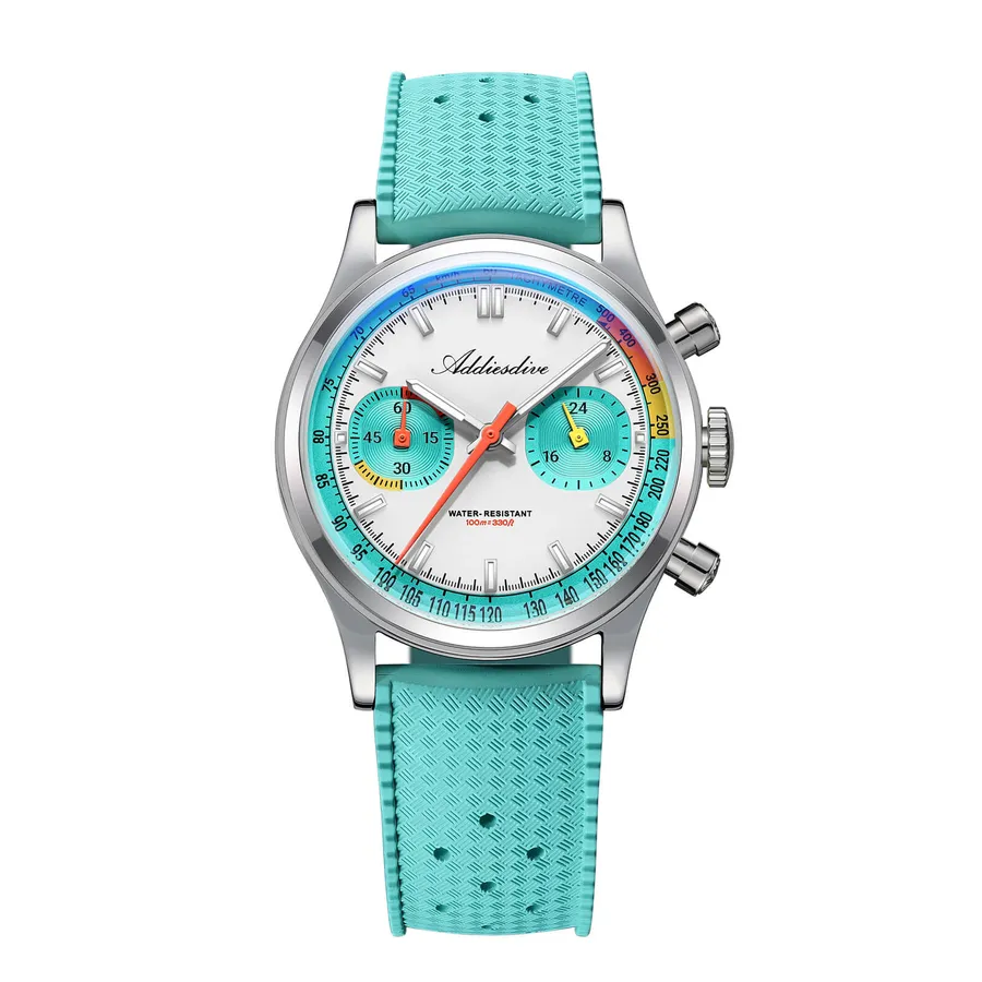 Addiesdive AD2529 racing chronograph with white dial, light blue sub-dials and light blue FKM strap