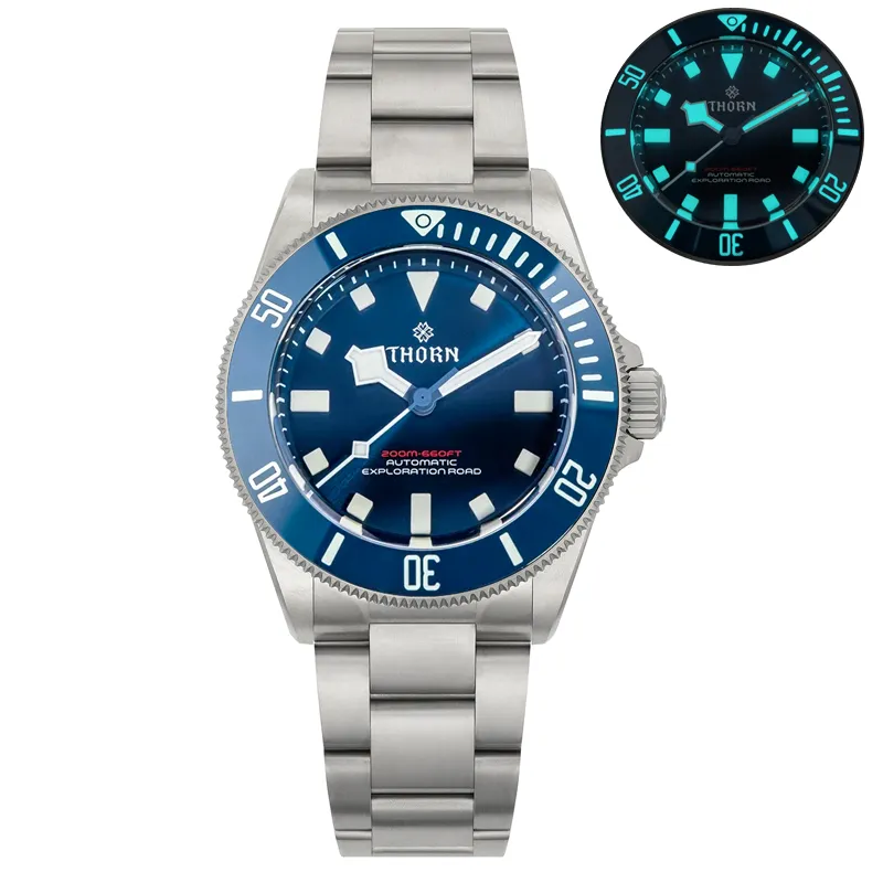 Thorn SHY036 titanium Pelagos-style diver with blue dial and blue ceramic bezel on the titanium bracelet