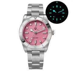 Watchdives WD7922 with pink dial and steel bezel on the 3-link bracelet, with lume shot
