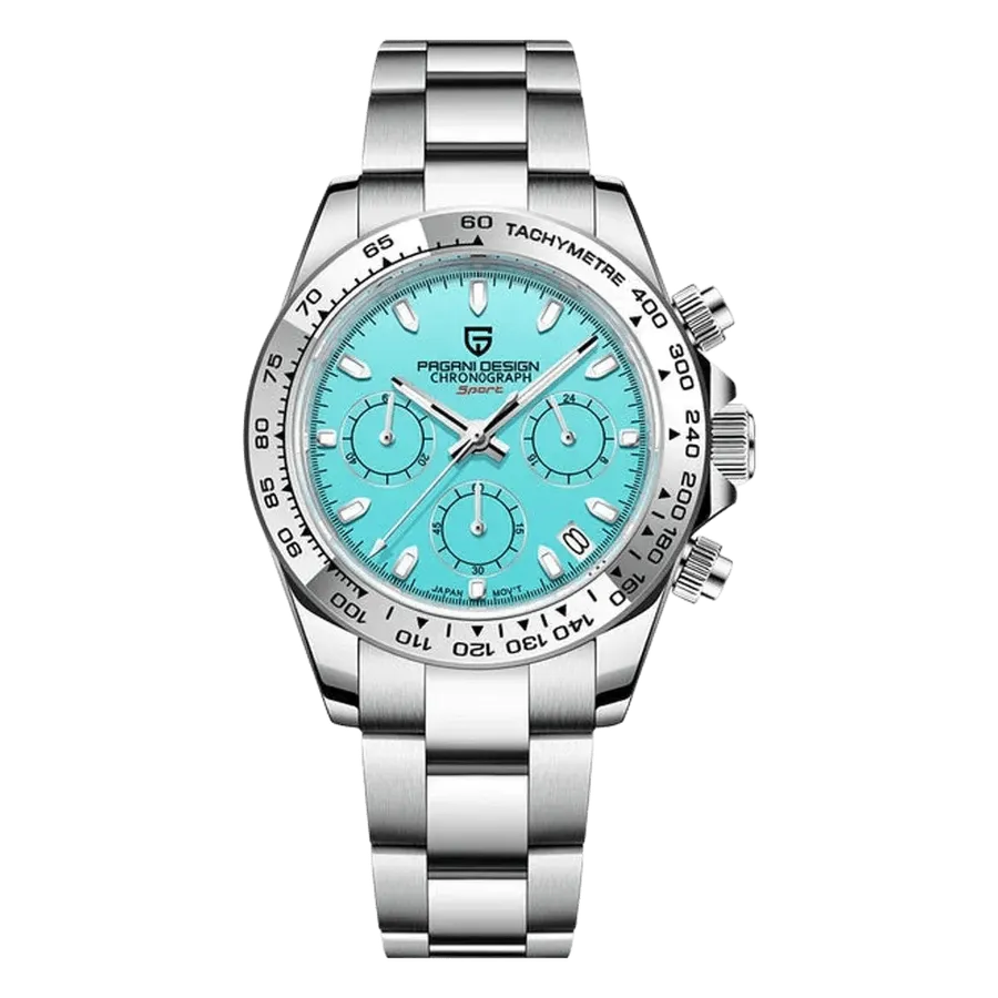 Pagani Design PD-1727 chronograph with sky blue dial, steel tachymeter bezel and Oyster-style bracelet