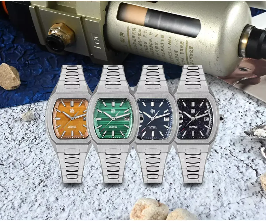 San Martin SN0145-G1 in all four stone dials (tiger eye, malachite, hawkeye, aventurine) on bracelets