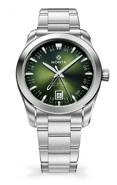 Monta Noble Voyager GMT, green dial, on bracelet