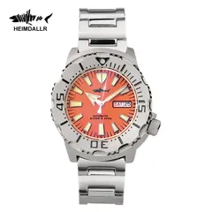 Heimdallr Sharkey Ocean Monster V2 with orange dial and silver-edged hands on steel bracelet
