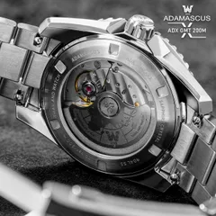 Wise Adamascus ADX GMT display caseback (904L SS, 20 bar/200 m) showing the printed rotor