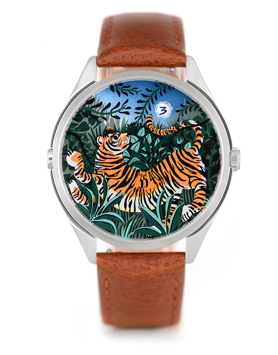 Mr Jones The Promise of Happiness, tiger in a night jungle with the hour in the moon, steel case on brown leather, front view