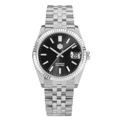 San Martin SN058-G-X 36.5mm with sunray black dial, fluted bezel and cyclops date on jubilee bracelet