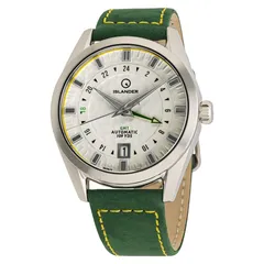 Islander Melville GMT with white golf-ball dial, green and yellow accents on green leather strap
