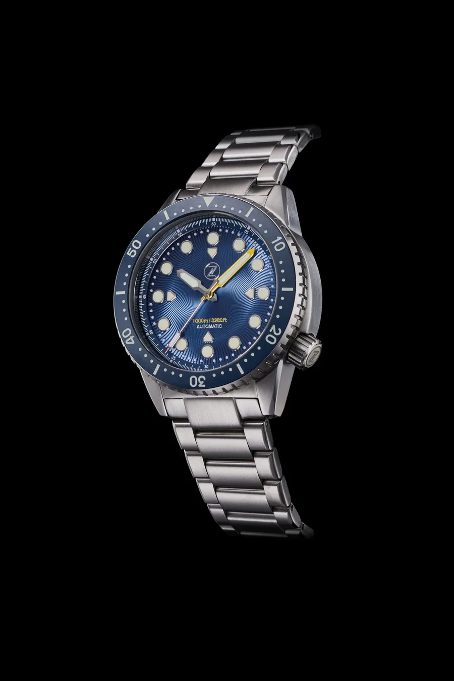 Zelos Great White 1000m in steel, blue spiral-textured dial, blue ceramic bezel, on steel bracelet