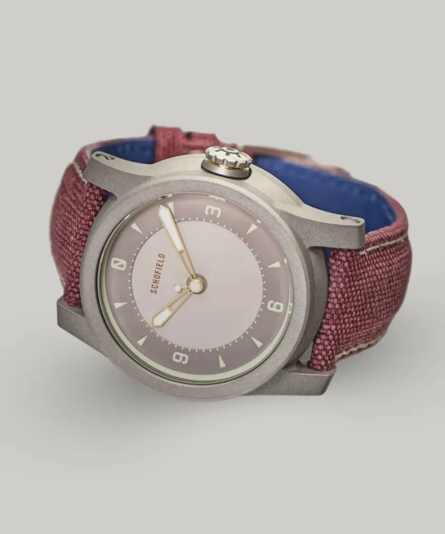 Schofield B5 Japanese Sakura with a textured steel case, blossom-pink dial and plum canvas strap