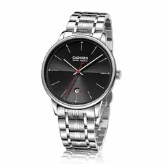 Cadisen C8166 automatic with two-tone black sunray dial and red seconds hand on a steel bracelet