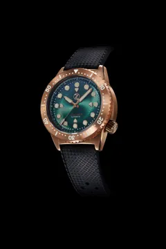 Zelos Great White 1000m in bronze, green spiral-textured dial, bronze bezel insert, on tropic rubber strap