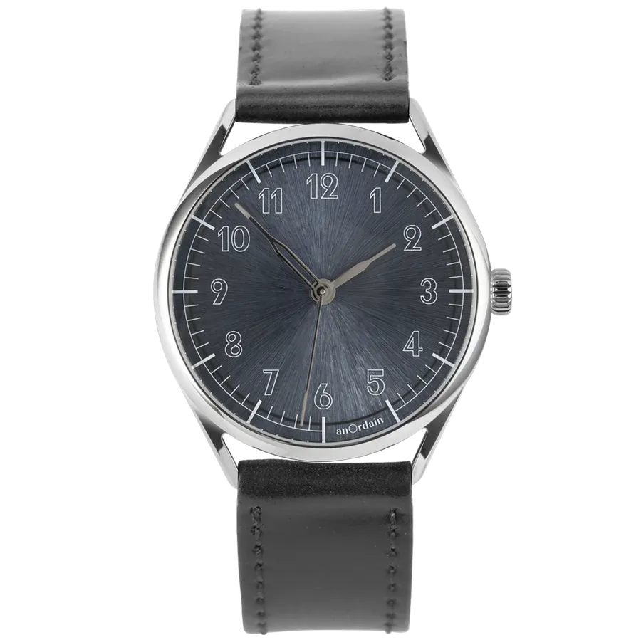 anOrdain x Hodinkee Model 3, hand-cut sunburst dial under translucent grey enamel with outlined numerals, on grey leather strap