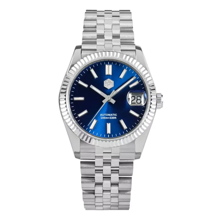San Martin SN058-G-X 36.5mm with sunray blue dial, fluted bezel and cyclops date on jubilee bracelet