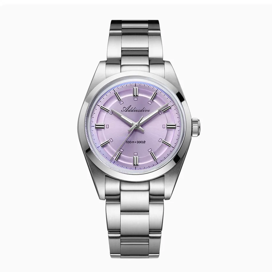 Addiesdive AD2515 with lavender purple dial, applied baton indices and a three-link bracelet