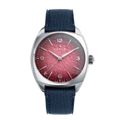 Farer 35mm Cushion Case Furneaux, textured raspberry pink gradient dial, on pilot blue Granolo leather strap
