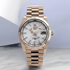San Martin SN059-G 39mm, rose gold-tone, white marble dial, fluted bezel and cyclops date on president-style bracelet