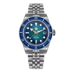 San Martin SN0148-G 40mm with gradient blue dial, blue ceramic bezel and arrow hands on five-link bracelet