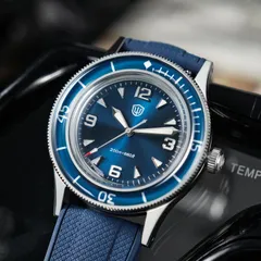 Watchdives WD50Q V2 with sunray blue dial and blue sapphire bezel on a blue FKM strap