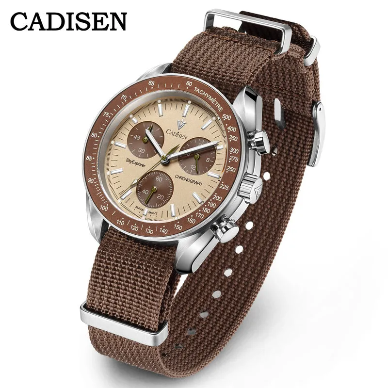 Cadisen C7064 chronograph with cream dial, brown subdials and brown tachymeter bezel on a brown nylon strap