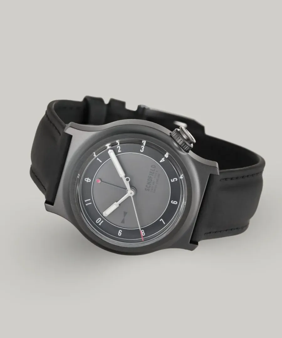 Schofield Light, The Dark One, in gunmetal PVD with a grey dial on a black strap