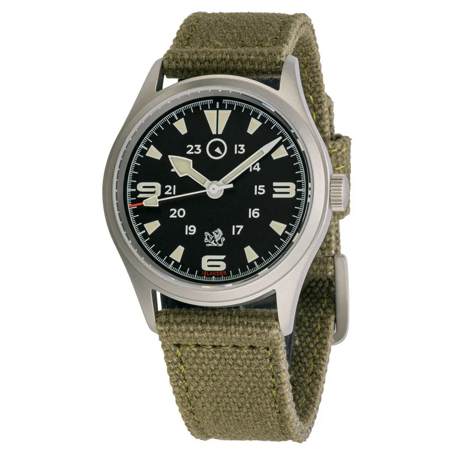 Islander x The Urban Gentry Rangemaster Mechanical ISL-226 with black dial and blasted case on green fabric strap