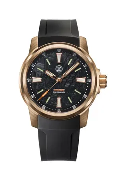 Zelos Aurora Field 38mm in bronze, gunmetal-plated meteorite dial, on black rubber strap