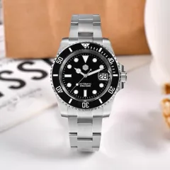 San Martin SN017-G with matte black dial and black ceramic bezel on steel bracelet