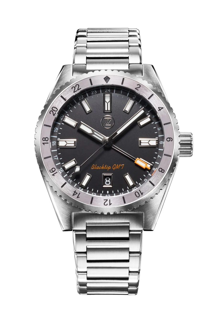 Zelos Blacktip 200m GMT Coal Black, black sandblasted dial, grey 24-hour ceramic bezel and orange GMT hand, on steel bracelet