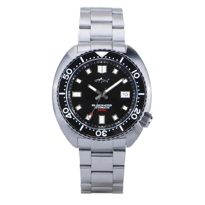 Heimdallr Sharkey Mini Turtle with black "Sharkmaster" date dial on steel bracelet