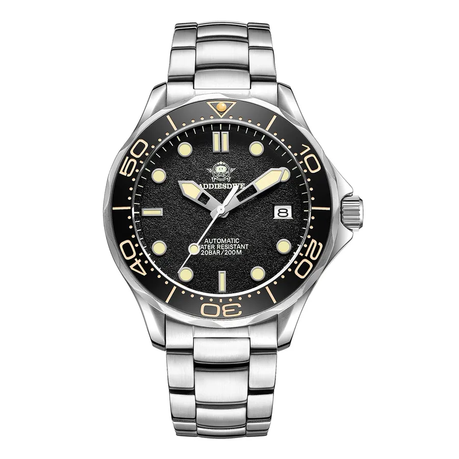 Addiesdive AD2106 with textured black dial, cream lume and black ceramic bezel on a three-link bracelet
