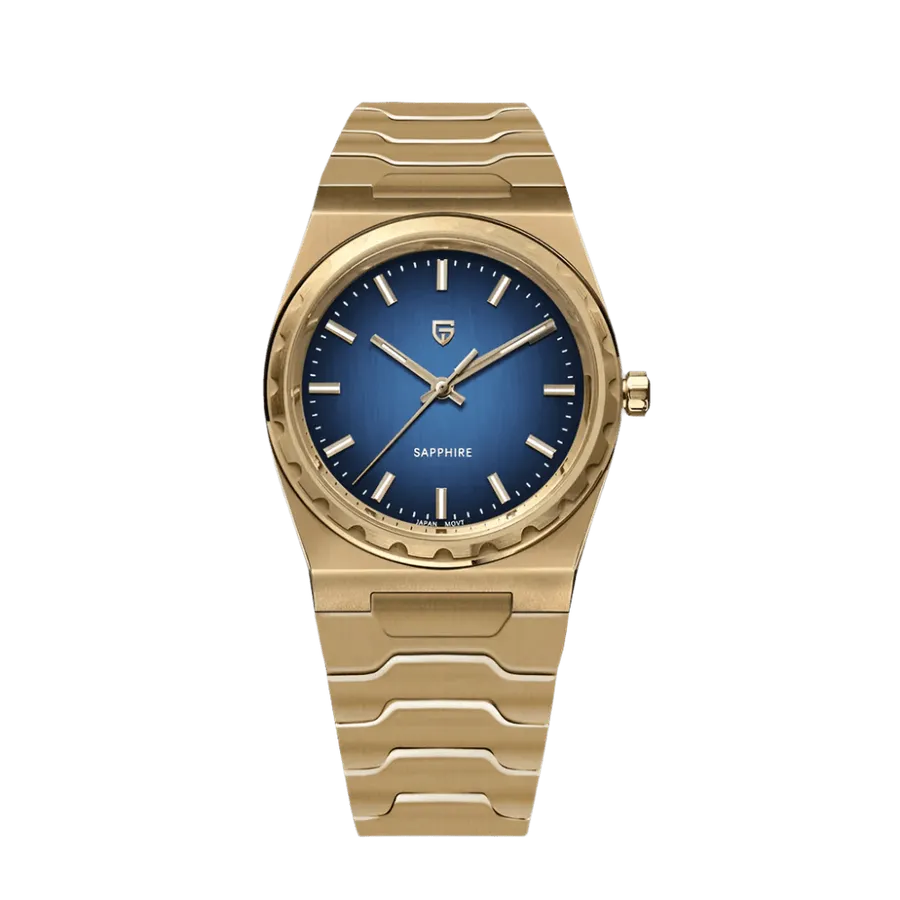 Pagani Design PD-YS020 slim quartz watch with blue gradient dial, scalloped bezel and gold-tone integrated bracelet