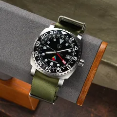 Raven MCTP 42mm Double GMT, 24-hour bezel, on green nylon strap