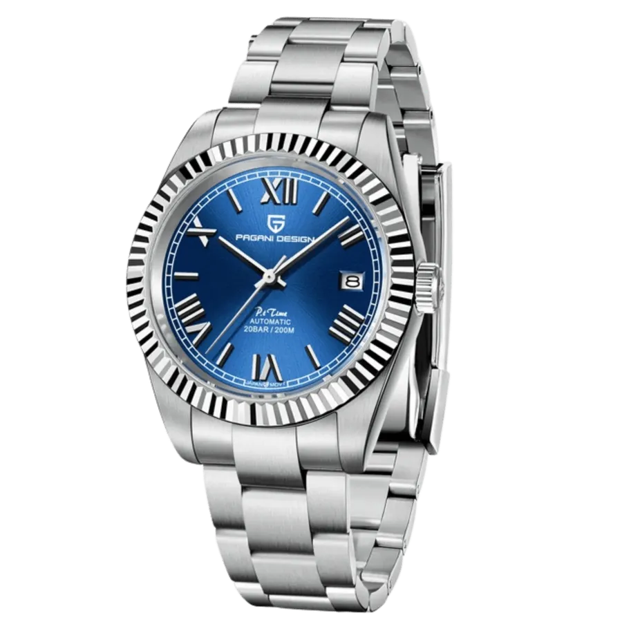 Pagani Design PD-1691 with blue dial, Roman numerals and fluted bezel on 3-link steel bracelet