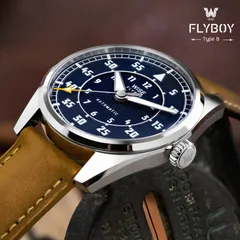Wise Flyboy Type B FLB-13 in 904L steel, blue dial, on yellow-brown leather strap