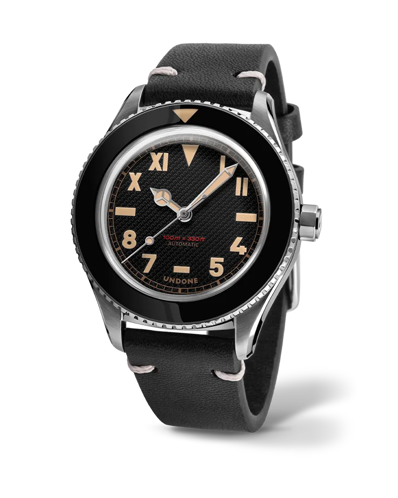 Undone Basecamp Cali Black with black California dial and black bezel on a black leather strap