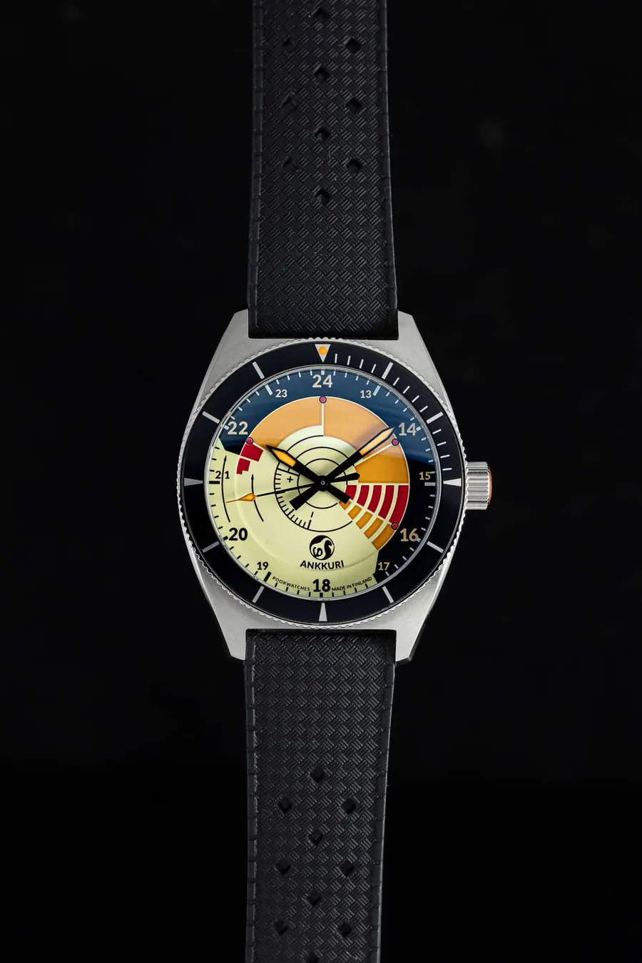 Pook Ankkuri with cream and orange decompression-meter dial and black dive bezel on a black rubber strap